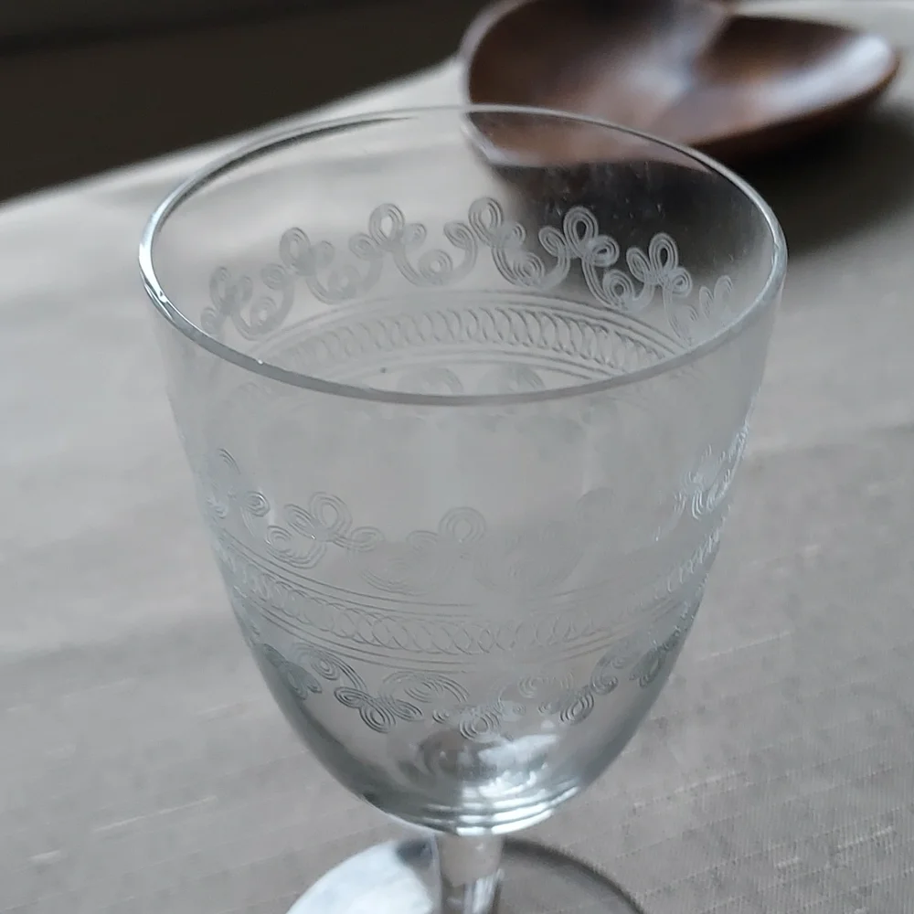 Crystal wine glasses etched scroll art deco art nouveau mcm retro - Picture 11 of 14